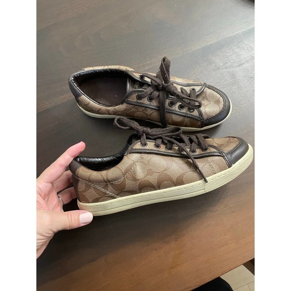 COACH Low Top Signature Sneaker Shoes Women's KHAKI Mahogany Size 8 - Picture 2 of 12